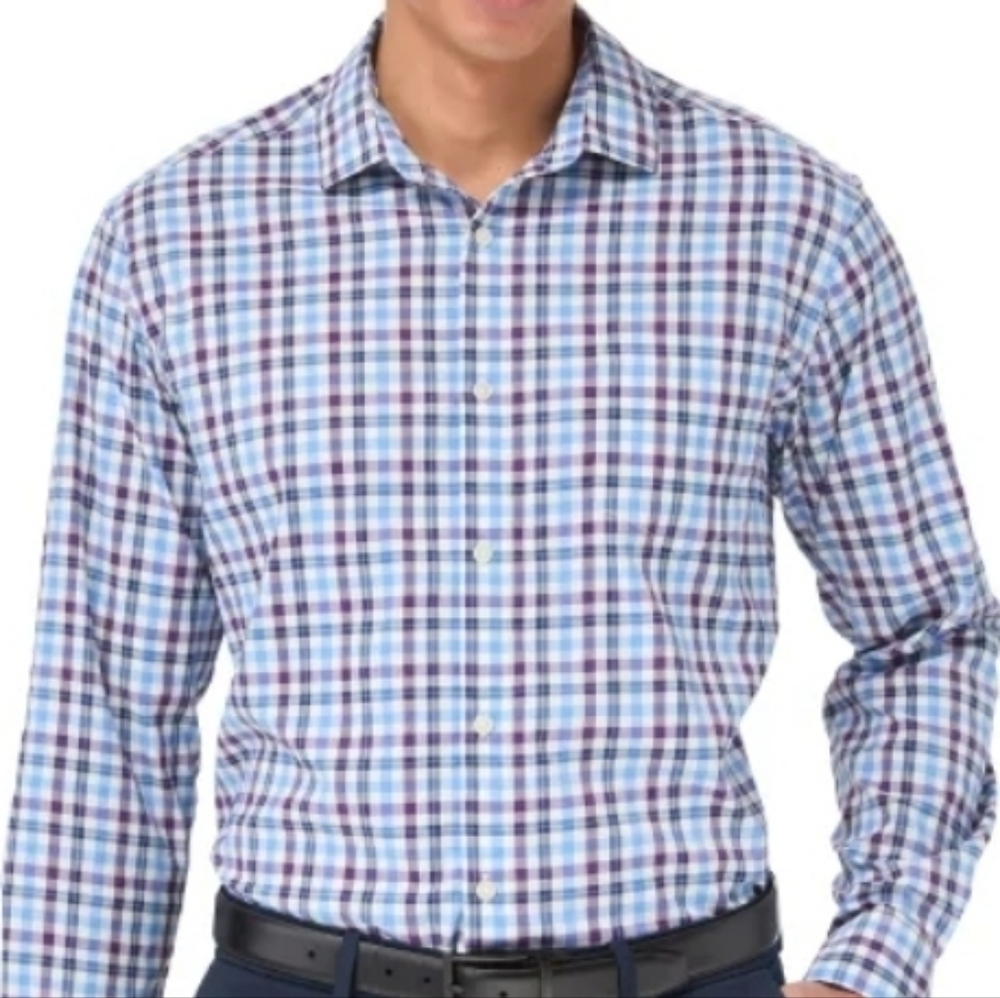 KIRKLAND SIGNAURE MENS  PERFORMANCE SPORT SHIRT  (purple/BLUE 16-16.5 34/35) NWT